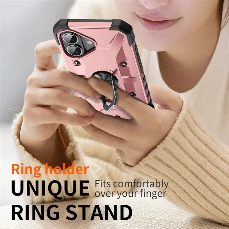 For iPhone 16 Case PC+ TPU Anti-Drop Phone Cover with Ring Kickstand - Rose Gold