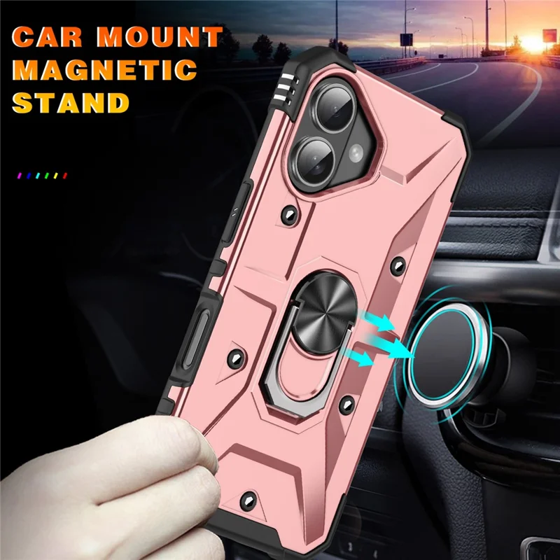 For iPhone 16 Case PC+ TPU Anti-Drop Phone Cover with Ring Kickstand - Rose Gold