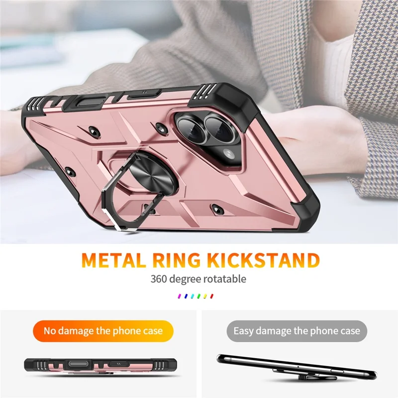 For iPhone 16 Case PC+ TPU Anti-Drop Phone Cover with Ring Kickstand - Rose Gold