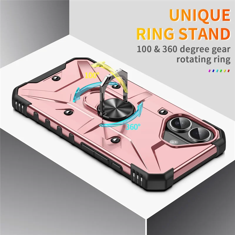 For iPhone 16 Case PC+ TPU Anti-Drop Phone Cover with Ring Kickstand - Rose Gold