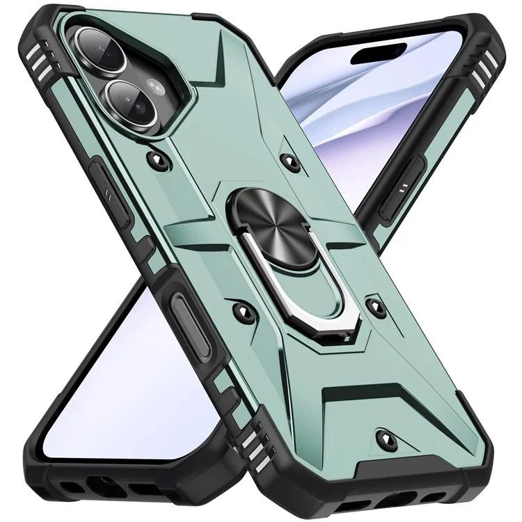 For iPhone 16 Plus Case PC+ TPU Anti-Drop Phone Cover with Ring Kickstand - Dark Green