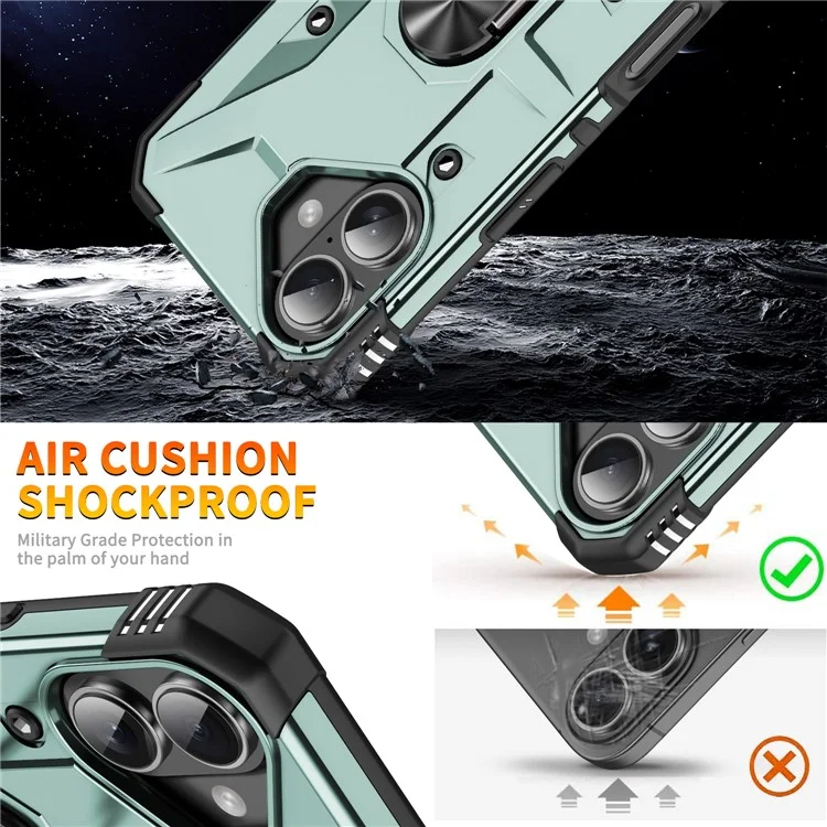 For iPhone 16 Plus Case PC+ TPU Anti-Drop Phone Cover with Ring Kickstand - Dark Green