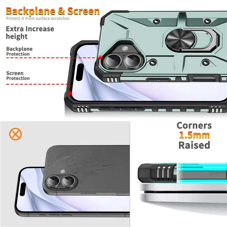 For iPhone 16 Plus Case PC+ TPU Anti-Drop Phone Cover with Ring Kickstand - Dark Green