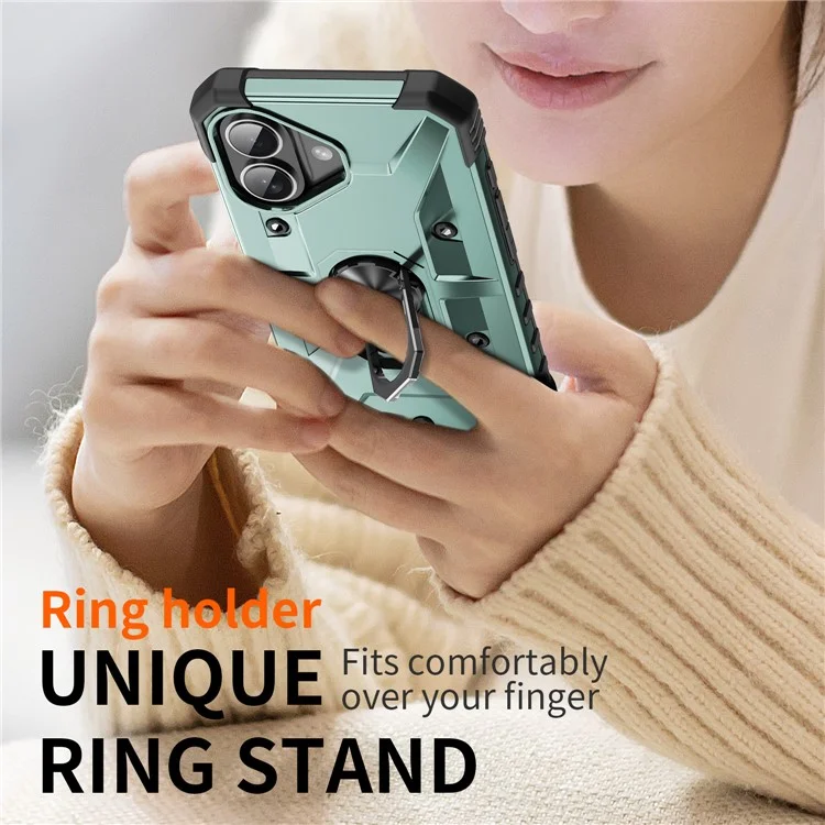 For iPhone 16 Plus Case PC+ TPU Anti-Drop Phone Cover with Ring Kickstand - Dark Green