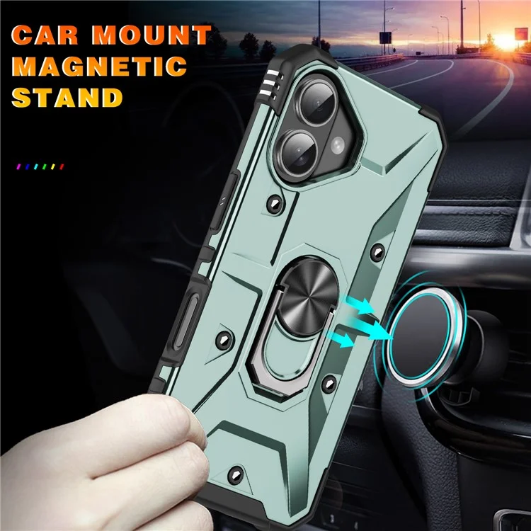 For iPhone 16 Plus Case PC+ TPU Anti-Drop Phone Cover with Ring Kickstand - Dark Green