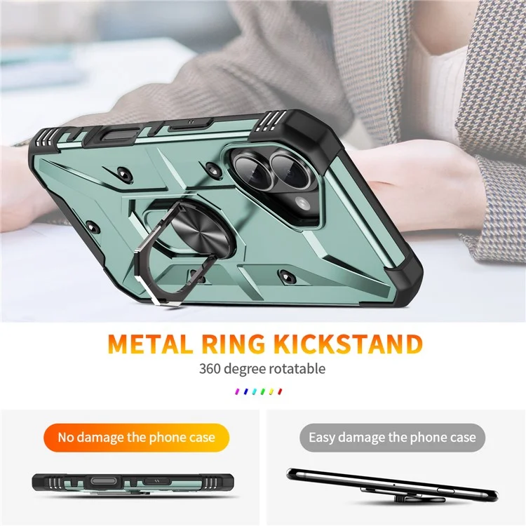 For iPhone 16 Plus Case PC+ TPU Anti-Drop Phone Cover with Ring Kickstand - Dark Green