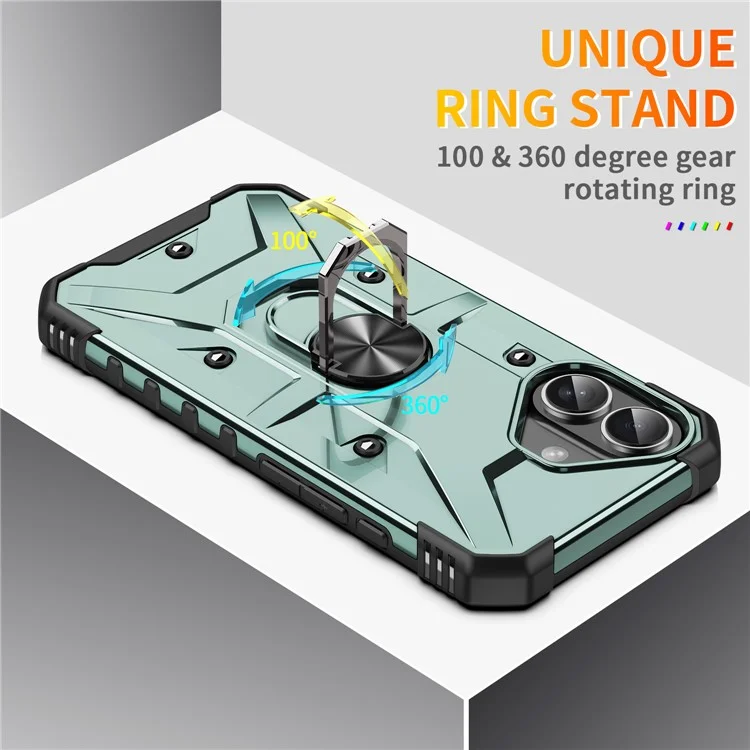 For iPhone 16 Plus Case PC+ TPU Anti-Drop Phone Cover with Ring Kickstand - Dark Green