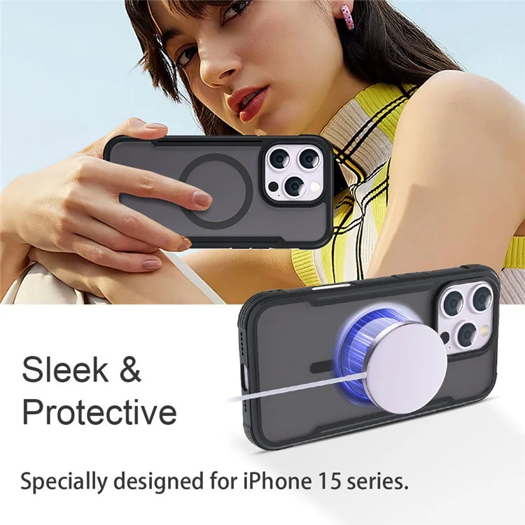 Série Thunder 3 Pour L'iphone 15 Pro Max Case Compatible Avec Magsafe Skin-Touch pc + Tpu Téléphone - Noir