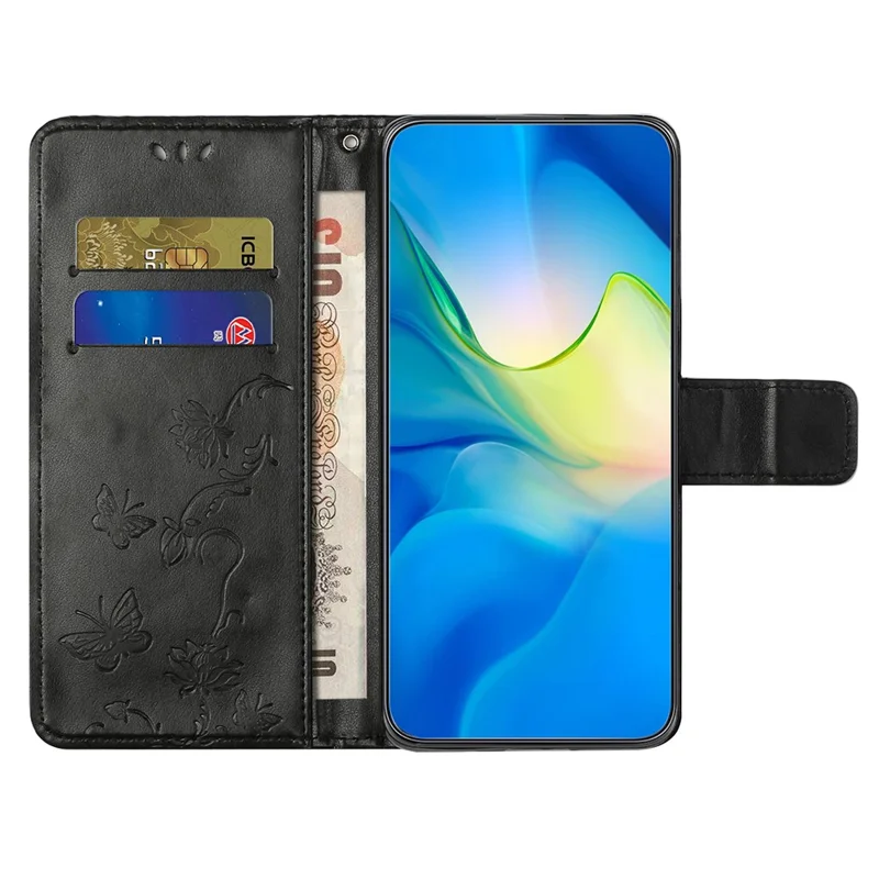 Pour Motorola Moto G55 5G Coque Portefeuille Support Imprimé Papillon Fleur Cuir PU Couverture de Téléphone - Noir