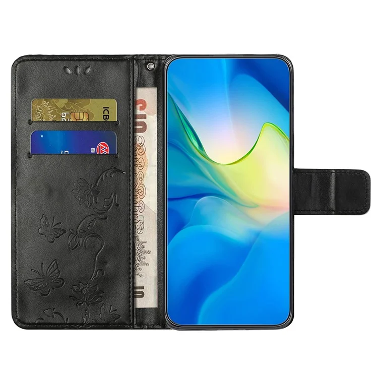 For Motorola Moto G35 5G Case Wallet Stand Imprinted Butterfly Flower PU Leather Phone Cover - Black