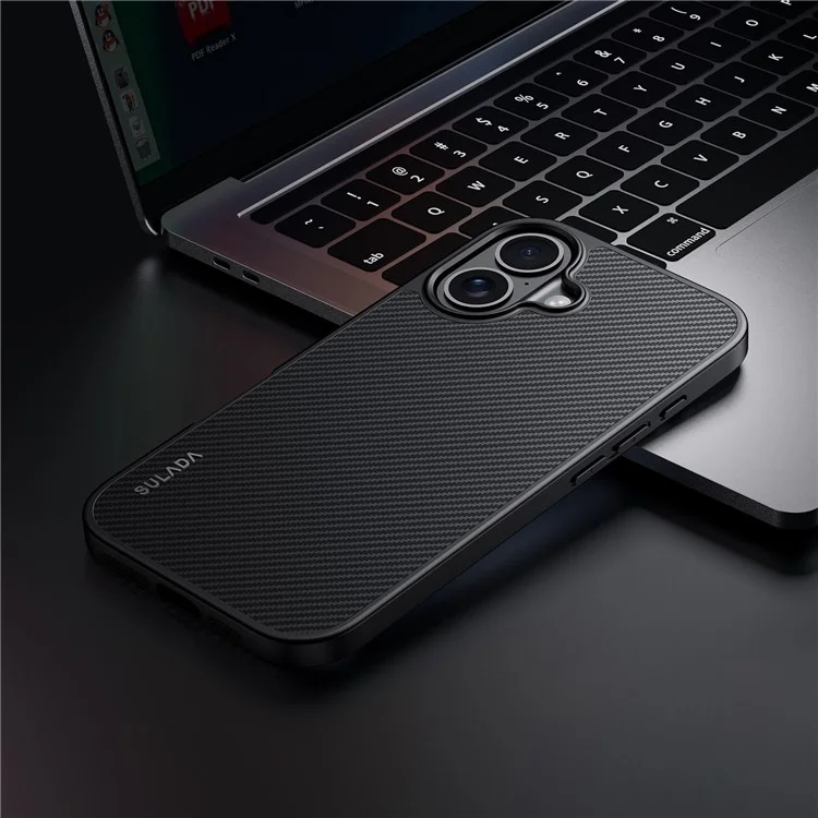 SULADA For iPhone 16 Plus Case Compatible with MagSafe Metal Lens Frame PU+TPU Phone Cover - Black