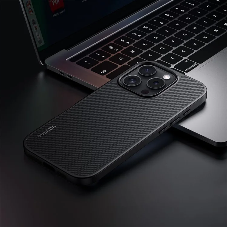 SULADA For iPhone 16 Pro Max Case Compatible with MagSafe Metal Lens Frame PU+TPU Phone Cover - Black