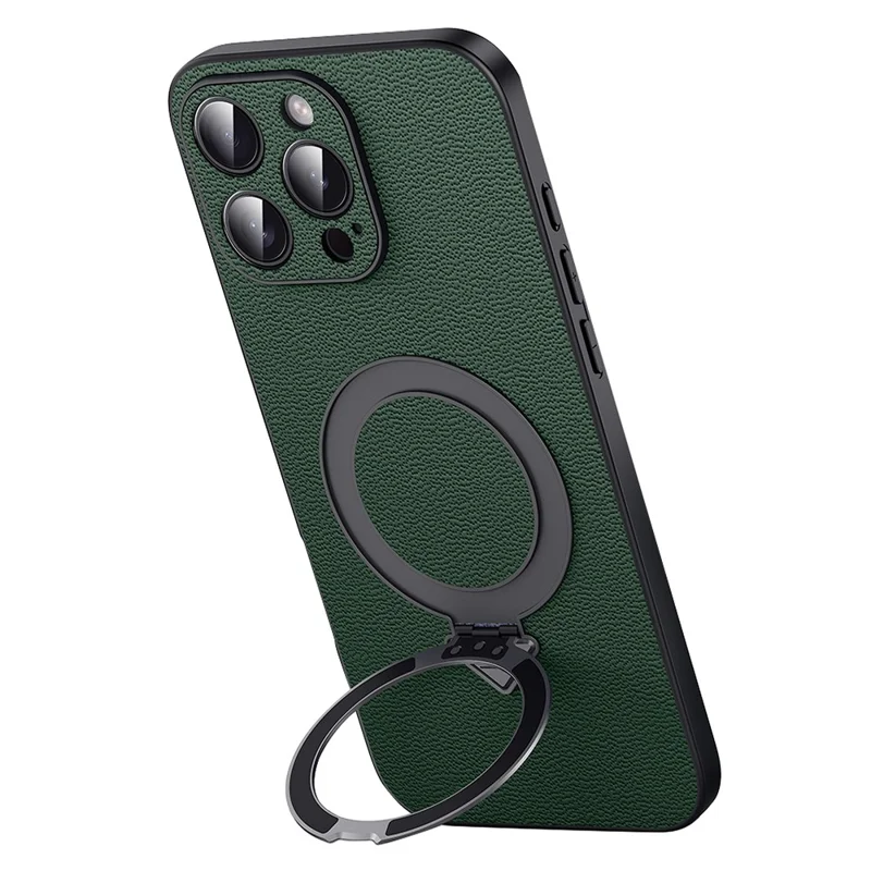 For iPhone 16 Pro Max Case Compatible with MagSafe Genuine Cow Leather+PC Kickstand Phone Cover - Green