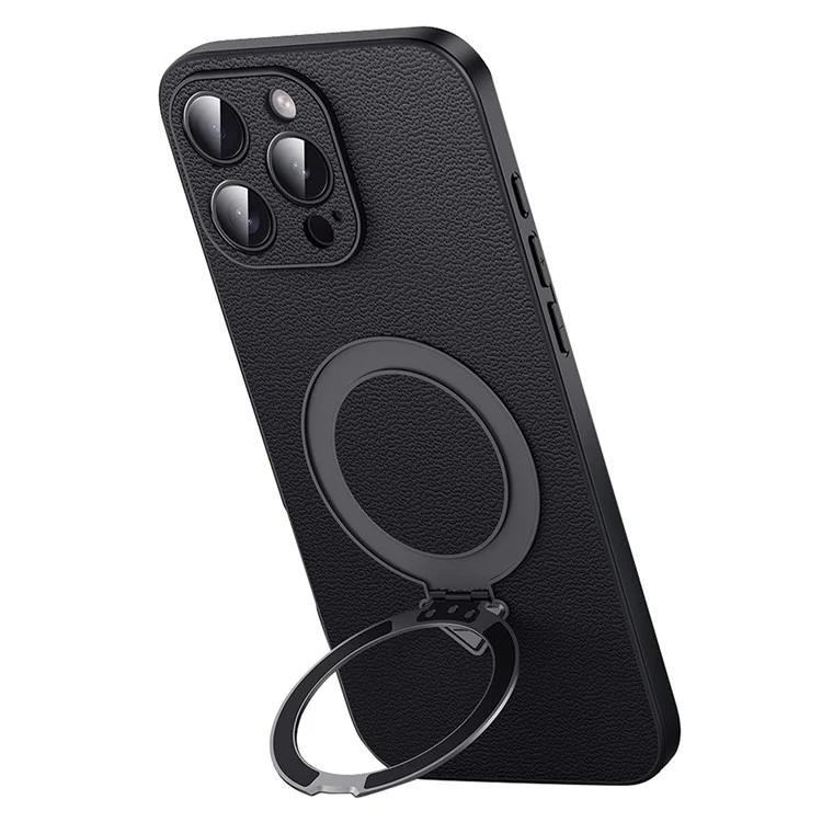 For iPhone 15 Pro Max Case Compatible with MagSafe Genuine Cow Leather+PC Kickstand Phone Cover - Black
