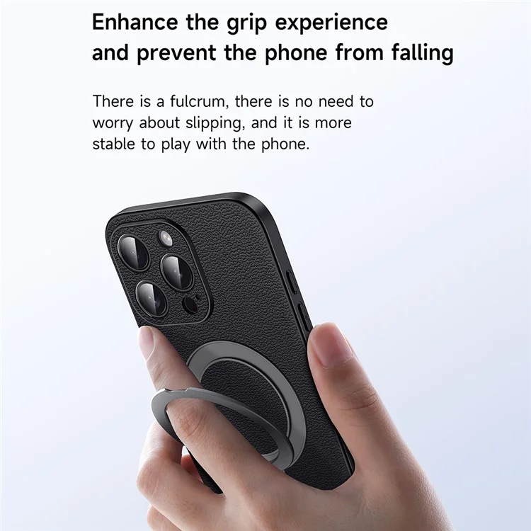 For iPhone 15 Pro Max Case Compatible with MagSafe Genuine Cow Leather+PC Kickstand Phone Cover - Black