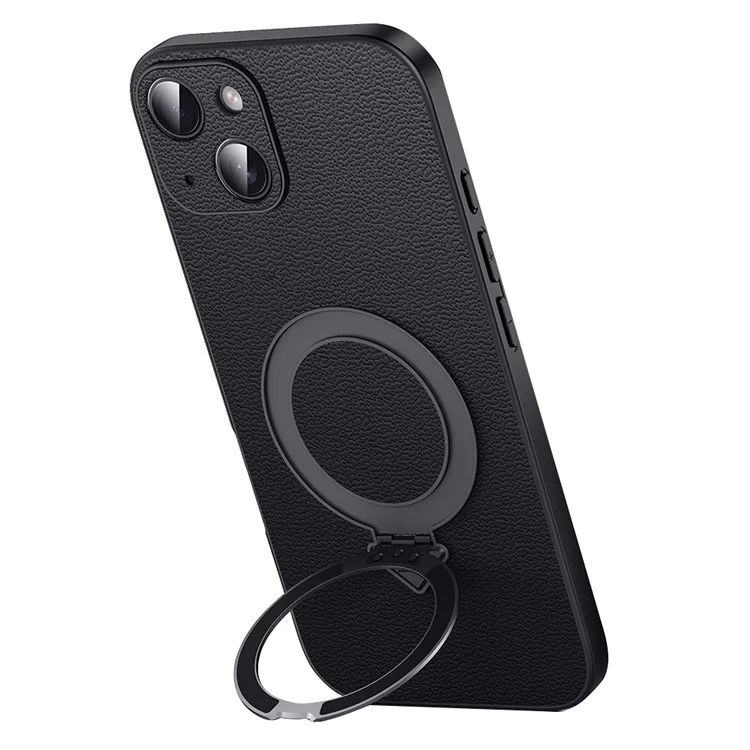 For iPhone 15 Case Compatible with MagSafe Genuine Cow Leather+PC Kickstand Phone Cover - Black