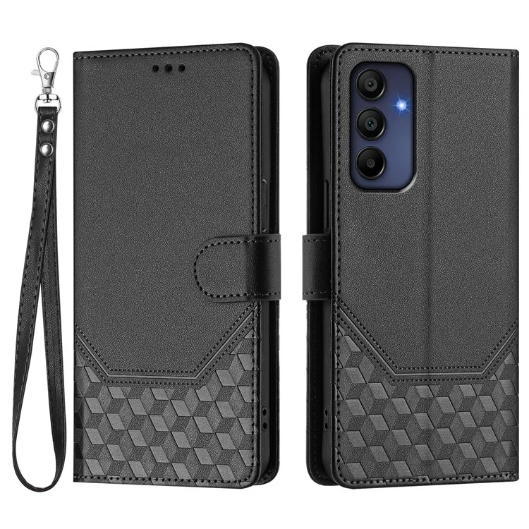 Für Samsung Galaxy A16 5G / A16 4G Hülle Bedruckter Wabenmuster RFID-blockende Lederhülle mit Trageschlaufe - Schwarz