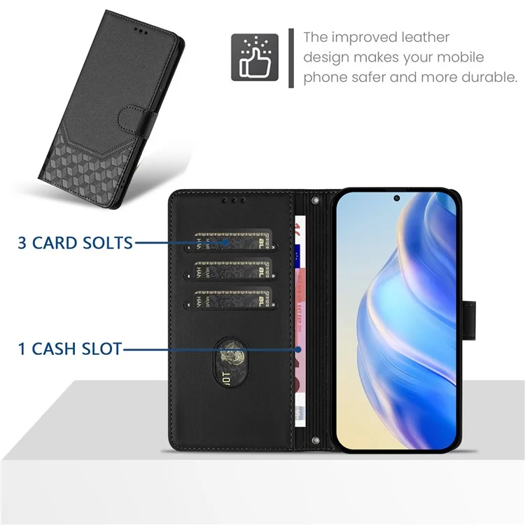 Für Samsung Galaxy A16 5G / A16 4G Hülle Bedruckter Wabenmuster RFID-blockende Lederhülle mit Trageschlaufe - Schwarz