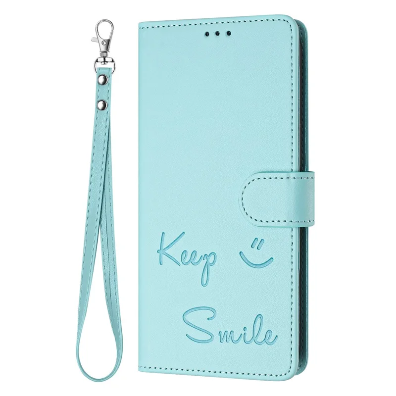 For Samsung Galaxy A16 5G / A16 4G Case Smile Imprinted RFID Blocking Leather Phone Cover with Strap - Mint Green