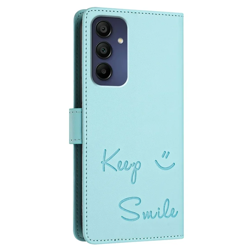 For Samsung Galaxy A16 5G / A16 4G Case Smile Imprinted RFID Blocking Leather Phone Cover with Strap - Mint Green