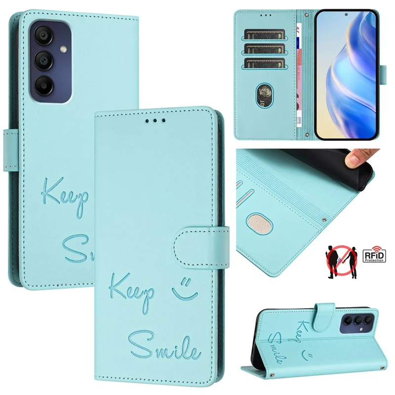 For Samsung Galaxy A16 5G / A16 4G Case Smile Imprinted RFID Blocking Leather Phone Cover with Strap - Mint Green