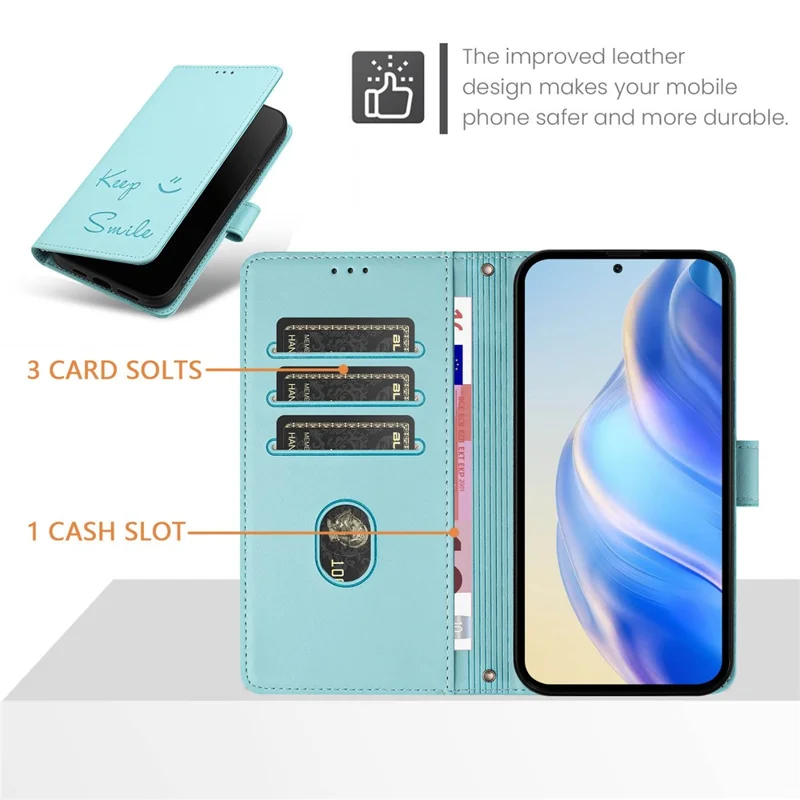 For Samsung Galaxy A16 5G / A16 4G Case Smile Imprinted RFID Blocking Leather Phone Cover with Strap - Mint Green
