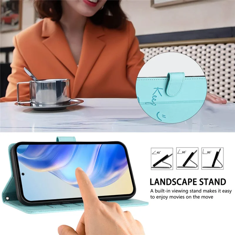 For Samsung Galaxy A16 5G / A16 4G Case Smile Imprinted RFID Blocking Leather Phone Cover with Strap - Mint Green