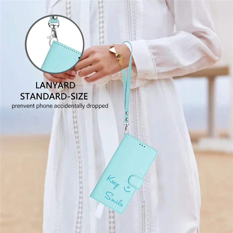 For Samsung Galaxy A16 5G / A16 4G Case Smile Imprinted RFID Blocking Leather Phone Cover with Strap - Mint Green