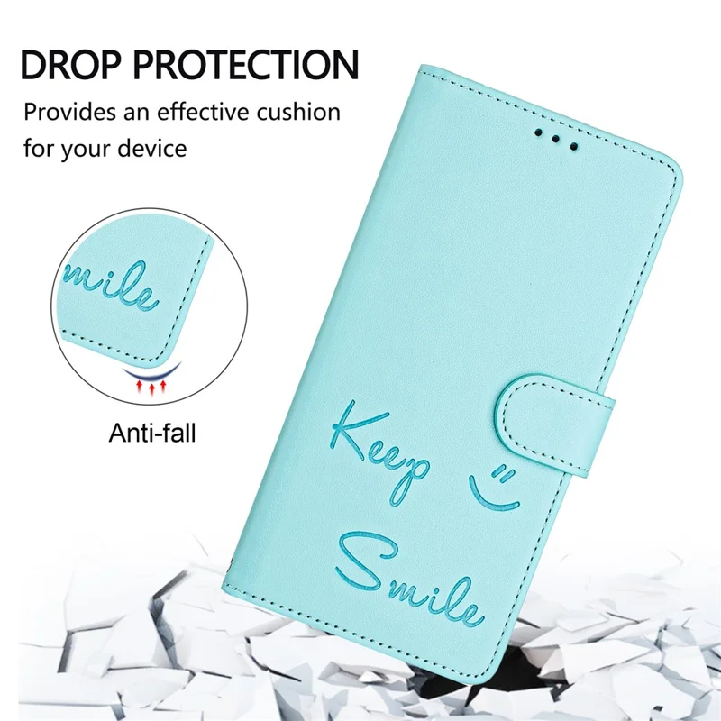 For Samsung Galaxy A16 5G / A16 4G Case Smile Imprinted RFID Blocking Leather Phone Cover with Strap - Mint Green