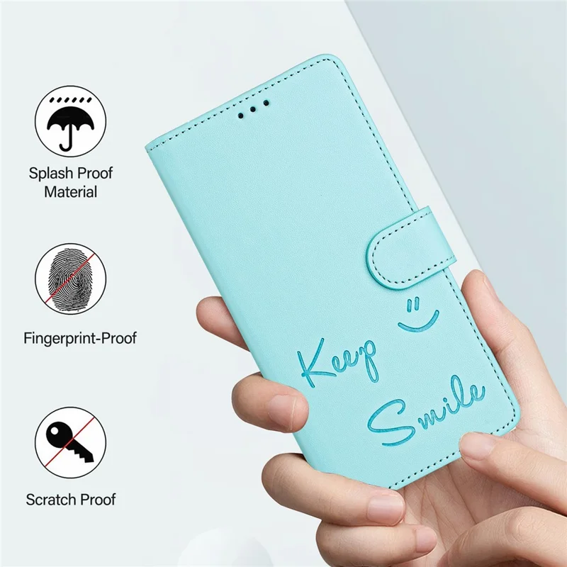 For Samsung Galaxy A16 5G / A16 4G Case Smile Imprinted RFID Blocking Leather Phone Cover with Strap - Mint Green