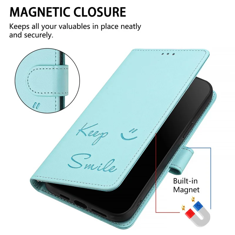 For Samsung Galaxy A16 5G / A16 4G Case Smile Imprinted RFID Blocking Leather Phone Cover with Strap - Mint Green