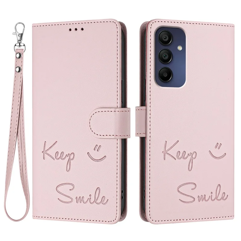 For Samsung Galaxy A16 5G / A16 4G Case Smile Imprinted RFID Blocking Leather Phone Cover with Strap - Pink