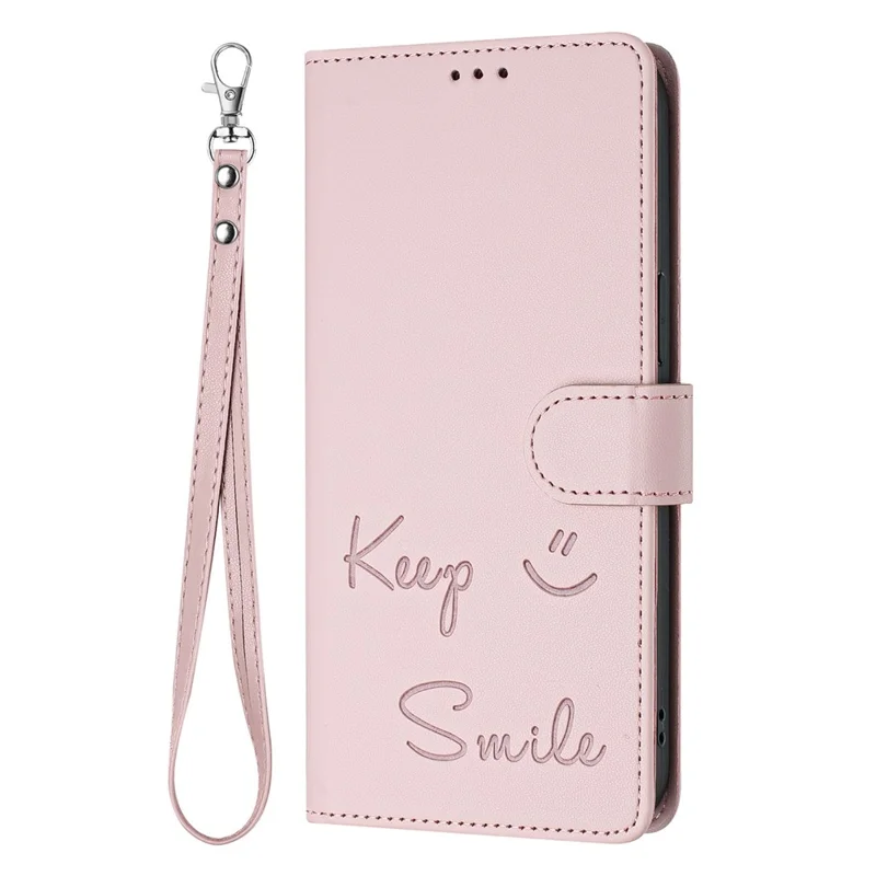 For Samsung Galaxy A16 5G / A16 4G Case Smile Imprinted RFID Blocking Leather Phone Cover with Strap - Pink