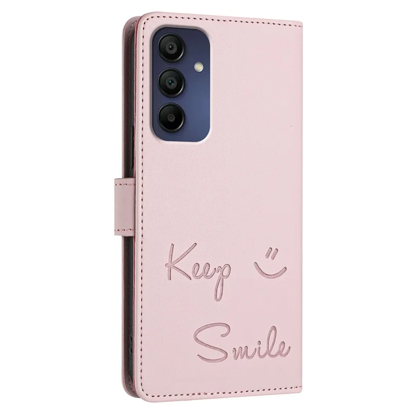 For Samsung Galaxy A16 5G / A16 4G Case Smile Imprinted RFID Blocking Leather Phone Cover with Strap - Pink