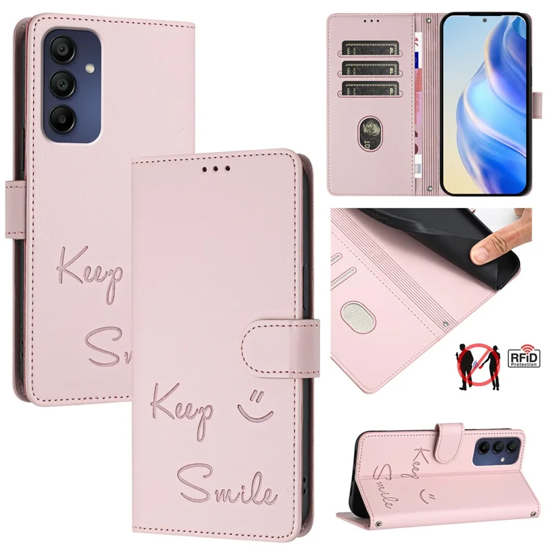 For Samsung Galaxy A16 5G / A16 4G Case Smile Imprinted RFID Blocking Leather Phone Cover with Strap - Pink