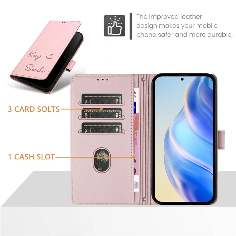 For Samsung Galaxy A16 5G / A16 4G Case Smile Imprinted RFID Blocking Leather Phone Cover with Strap - Pink