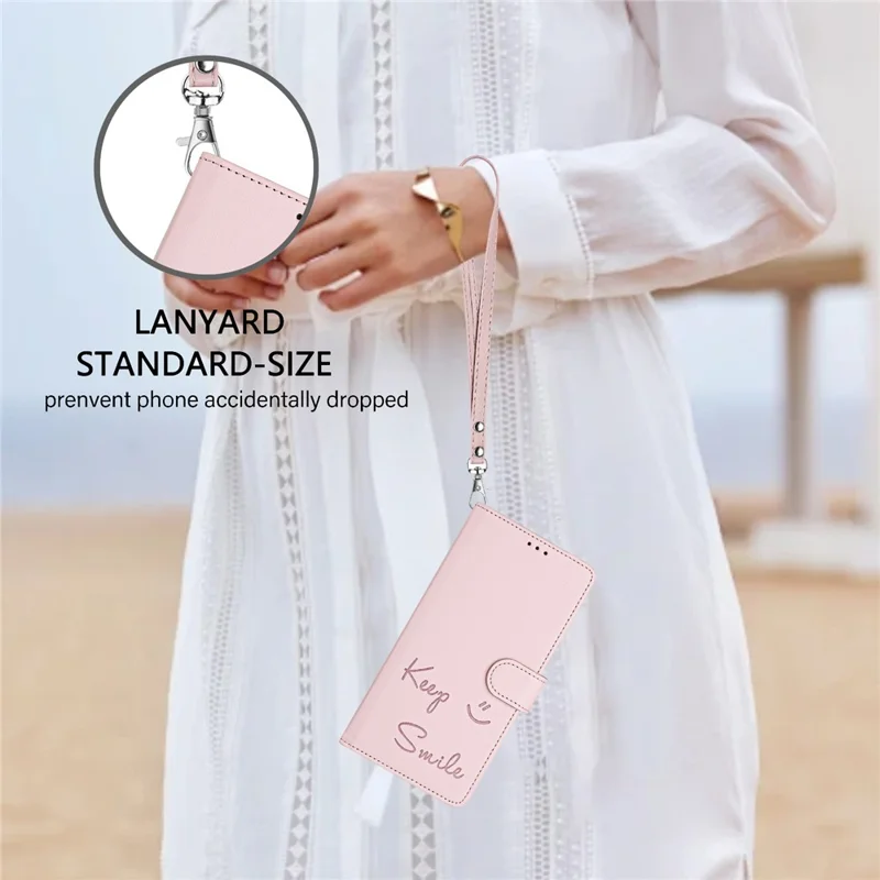 For Samsung Galaxy A16 5G / A16 4G Case Smile Imprinted RFID Blocking Leather Phone Cover with Strap - Pink