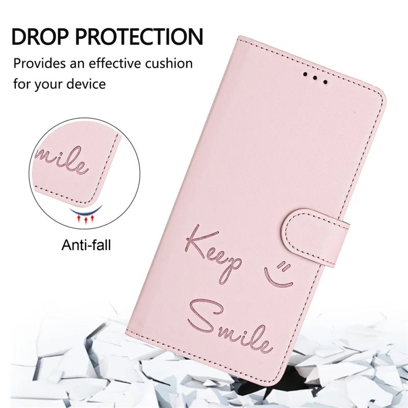 For Samsung Galaxy A16 5G / A16 4G Case Smile Imprinted RFID Blocking Leather Phone Cover with Strap - Pink