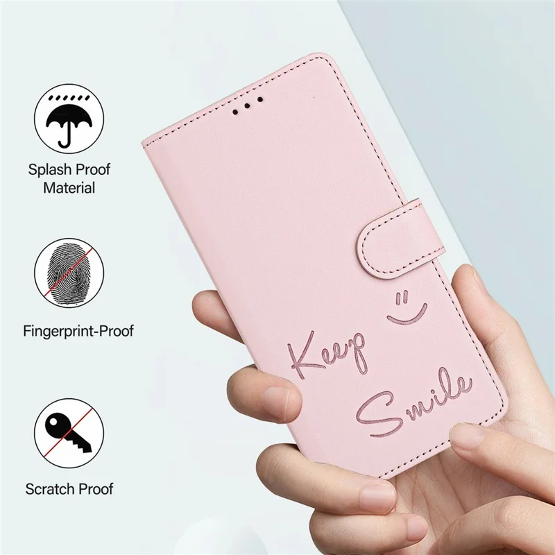 For Samsung Galaxy A16 5G / A16 4G Case Smile Imprinted RFID Blocking Leather Phone Cover with Strap - Pink