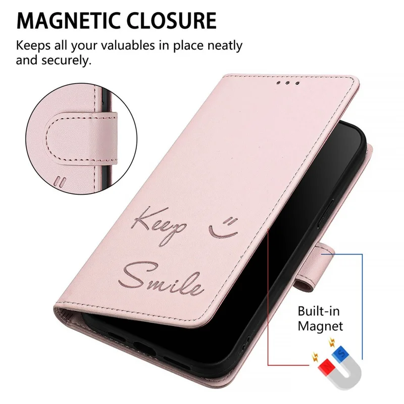 For Samsung Galaxy A16 5G / A16 4G Case Smile Imprinted RFID Blocking Leather Phone Cover with Strap - Pink