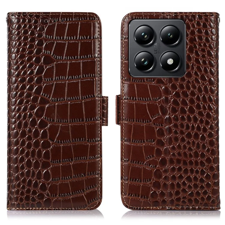 For Xiaomi 14T Pro Case Crocodile Texture Genuine Cow Leather Phone Wallet Cover - Brown