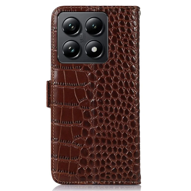 For Xiaomi 14T Pro Case Crocodile Texture Genuine Cow Leather Phone Wallet Cover - Brown