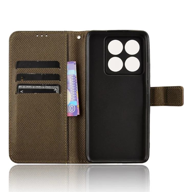 For Xiaomi 14T Pro Case PU Leather Diamond Texture Wallet Phone Cover - Brown