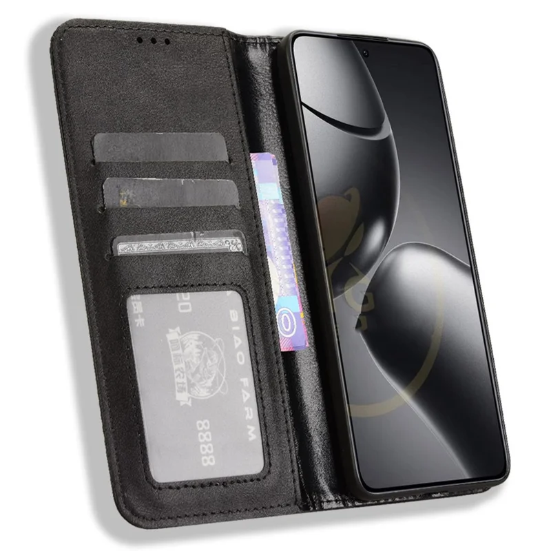 For Xiaomi 14T Leather Case Wallet Stand Retro Texture Phone Cover - Black