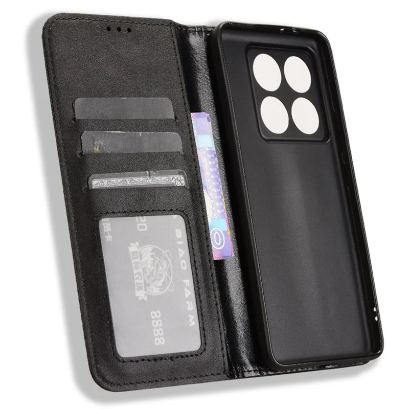For Xiaomi 14T Leather Case Wallet Stand Retro Texture Phone Cover - Black