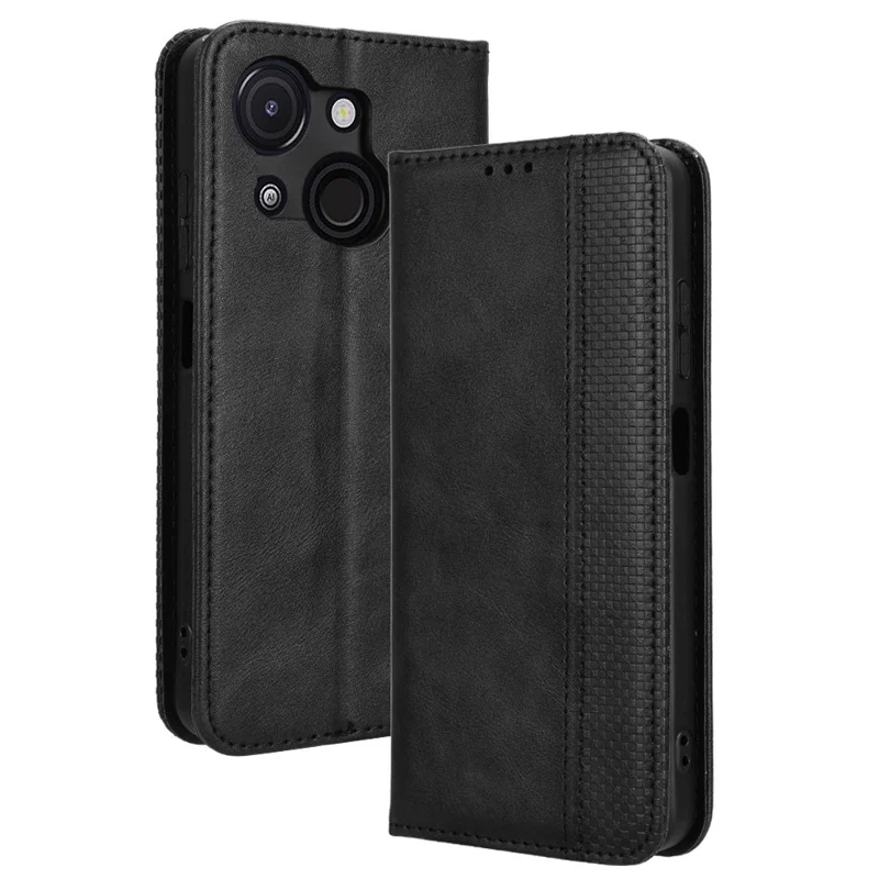 Leerhoesje met portemonnee en standaard voor itel A50C A669L, retro textuur telefoonhoes - Zwart