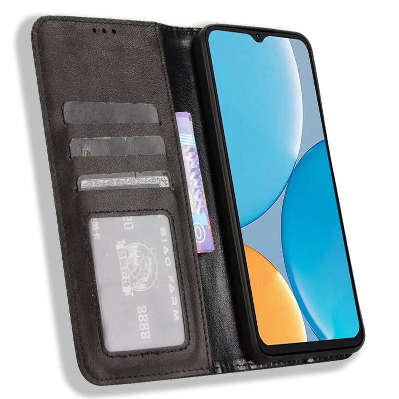Leerhoesje met portemonnee en standaard voor itel A50C A669L, retro textuur telefoonhoes - Zwart