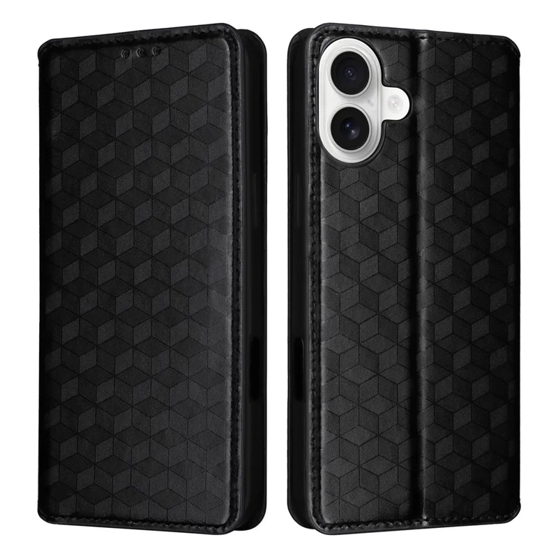 For iPhone 16 Plus Wallet Case Rhombus Imprinted Leather Phone Cover - Black