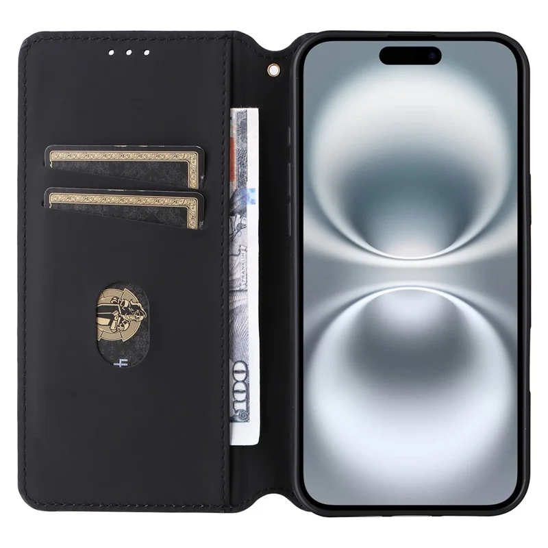 For iPhone 16 Plus Wallet Case Rhombus Imprinted Leather Phone Cover - Black