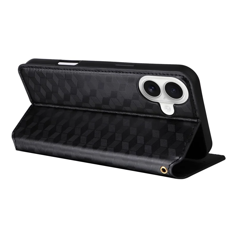 For iPhone 16 Plus Wallet Case Rhombus Imprinted Leather Phone Cover - Black